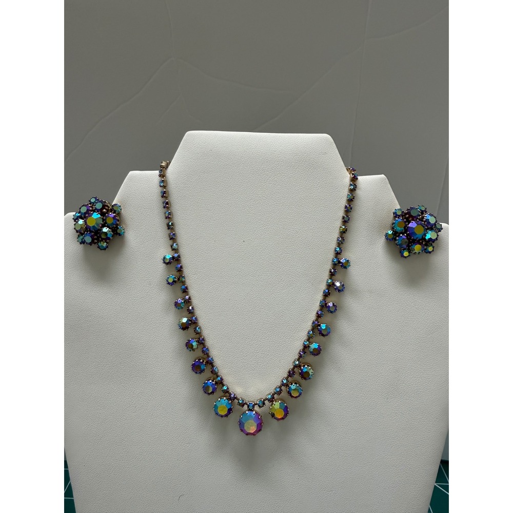 Vintage Aurora Borealis Rhinestone Necklace Earring Set Gold Tone Iridescent